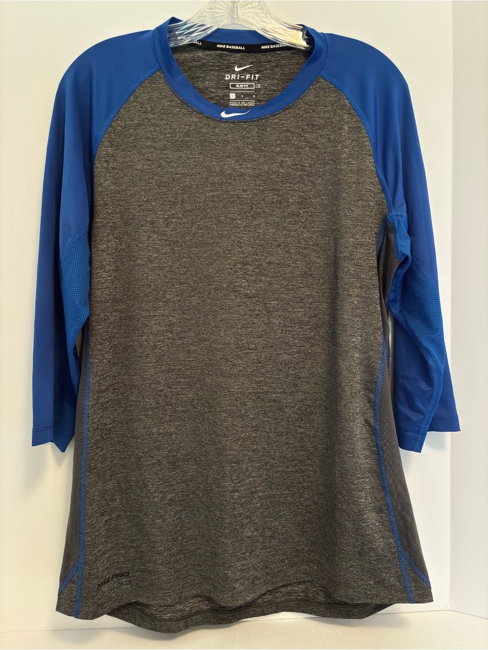 Nike Pro MBL Baseball 3/4 Sleeve Dry-Fit Top Gray Blue Slim Fit Size L